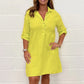 💖💥Roll Sleeve Pocket Plus Size klänning i bomull och linne